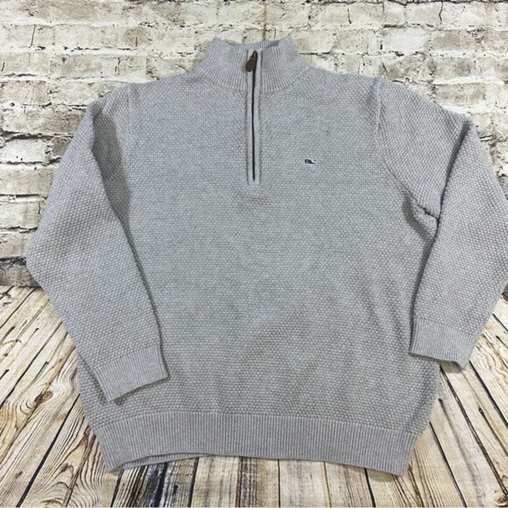 Vineyard Vines Quarter Zip Sweater Mens L Gray 100% Cotton Knit Whale Pullover